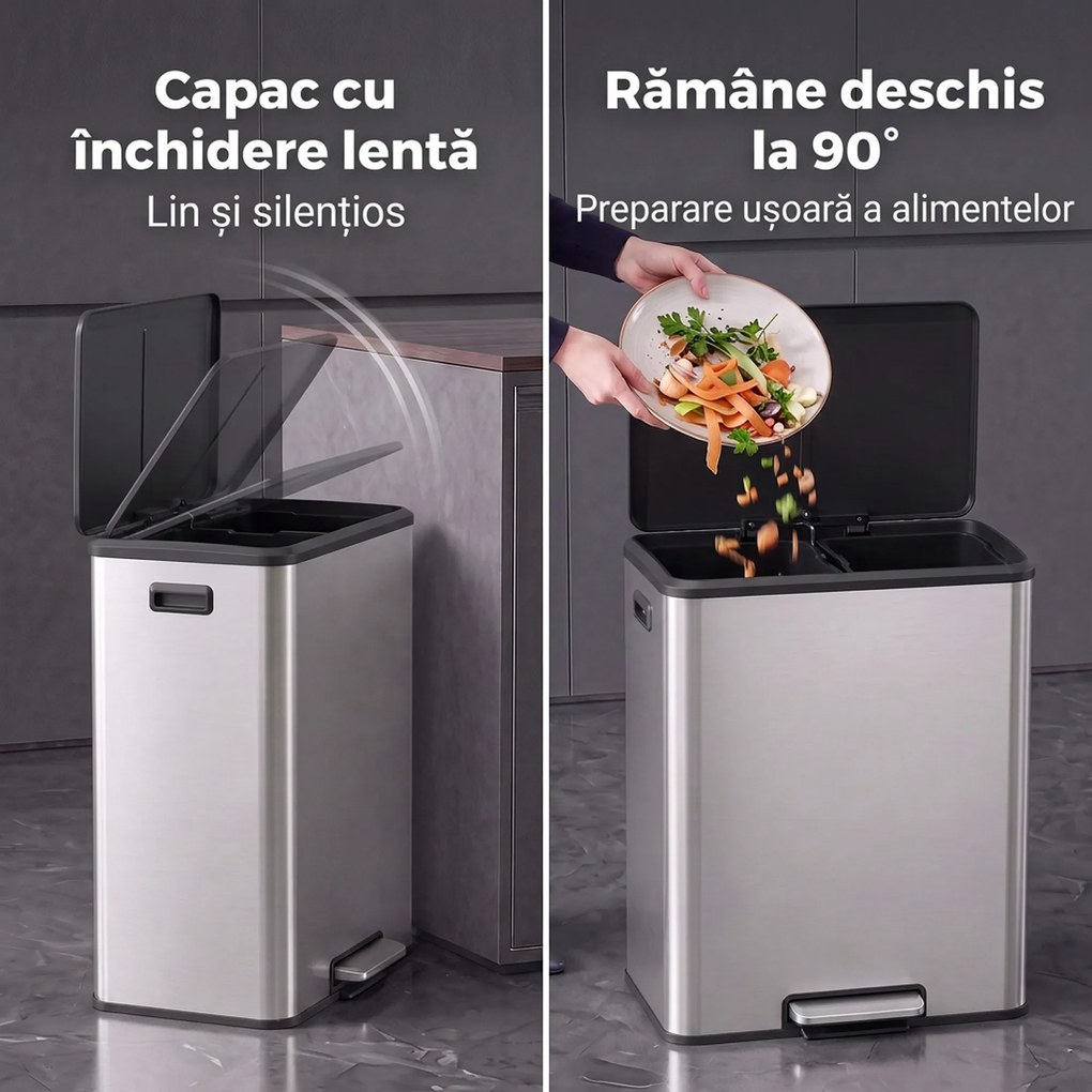 HOMCOM Coș de bucătărie 2 x 30 L, cu pedală, din oțel inoxidabil, găleți detașabile și capac soft-close, argintiu | Aosom Romania