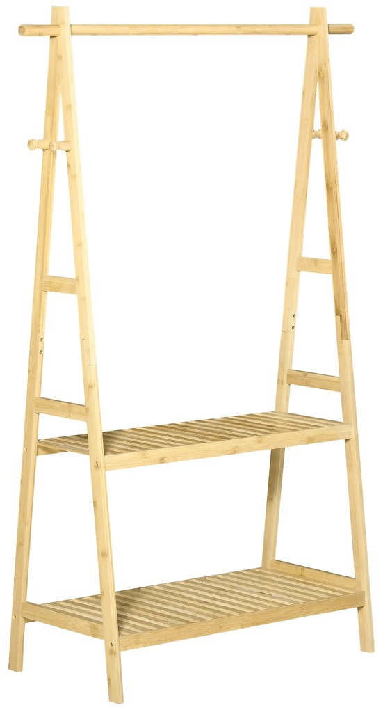 Suport pentru Umerase HOMCOM cu 2 Rafturi si 4 Carlige Laterale, Structura din bambus, 100L x 42l x 155lcm, Culoarea Lemnului
