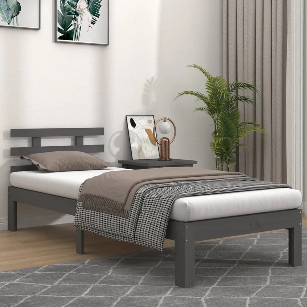 814741 vidaXL Cadru de pat, gri, 90x200 cm, lemn masiv de pin