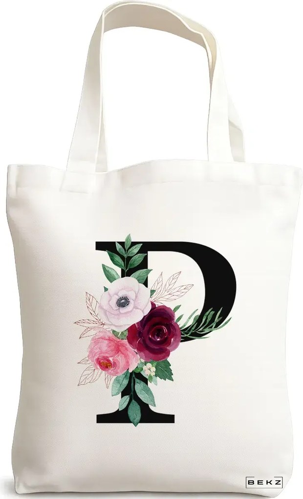 Sacosa de Panza pentru Cumparaturi, Geanta Tote, Cu litera P si Trandafiri, 38x34.5 cm, Alba, BEKZ®