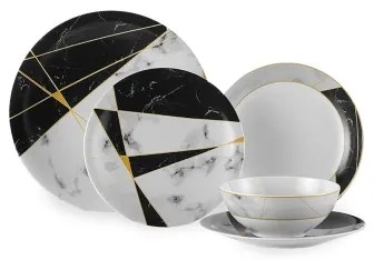 Set de masă, 24 piese, porțelan, negru/alb/auriu