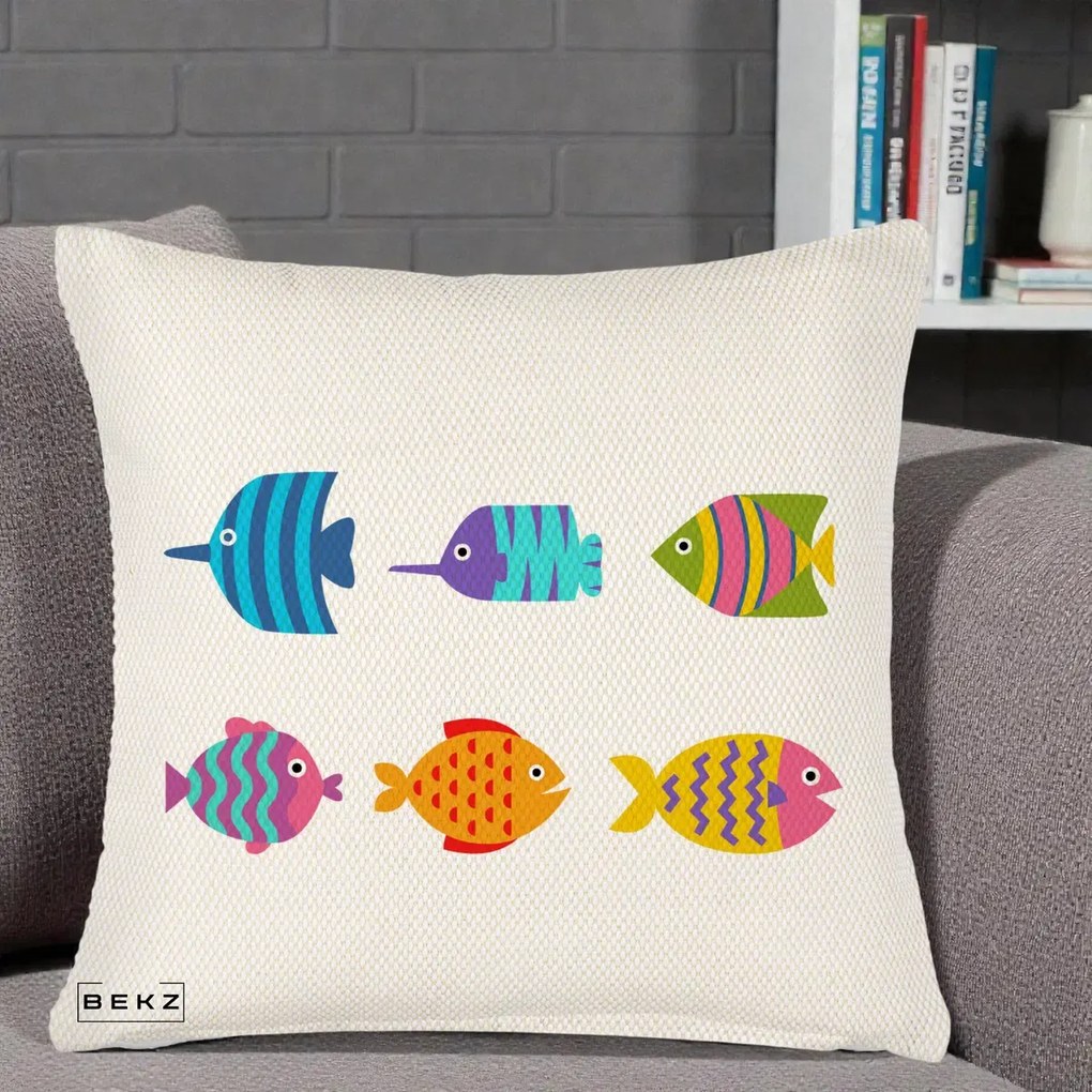 Perna Decorativa Pesti Colorati Cartoon, 40x40 cm, Crem Reliefat, Husa Detasabila, Perna Inclusa, BEKZ®