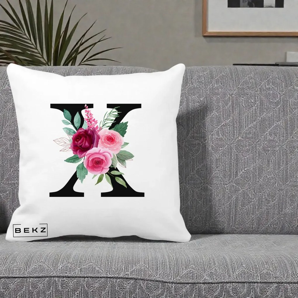 Cadou Personalizat - Perna Personalizata Monograma Florala Litera X cu Buchet, 40x40 cm, Alba Mata, Husa Detasabila, Perna Inclusa, BEKZ®
