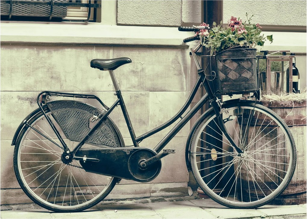 Tablou pe sticlă - Bicicleta de epocă cu flori (70x50 cm)