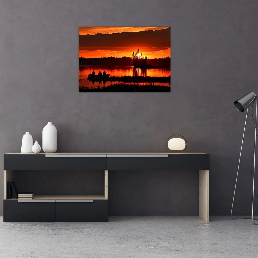 Tablou pe sticlă - Pescari pe lac (70x50 cm)