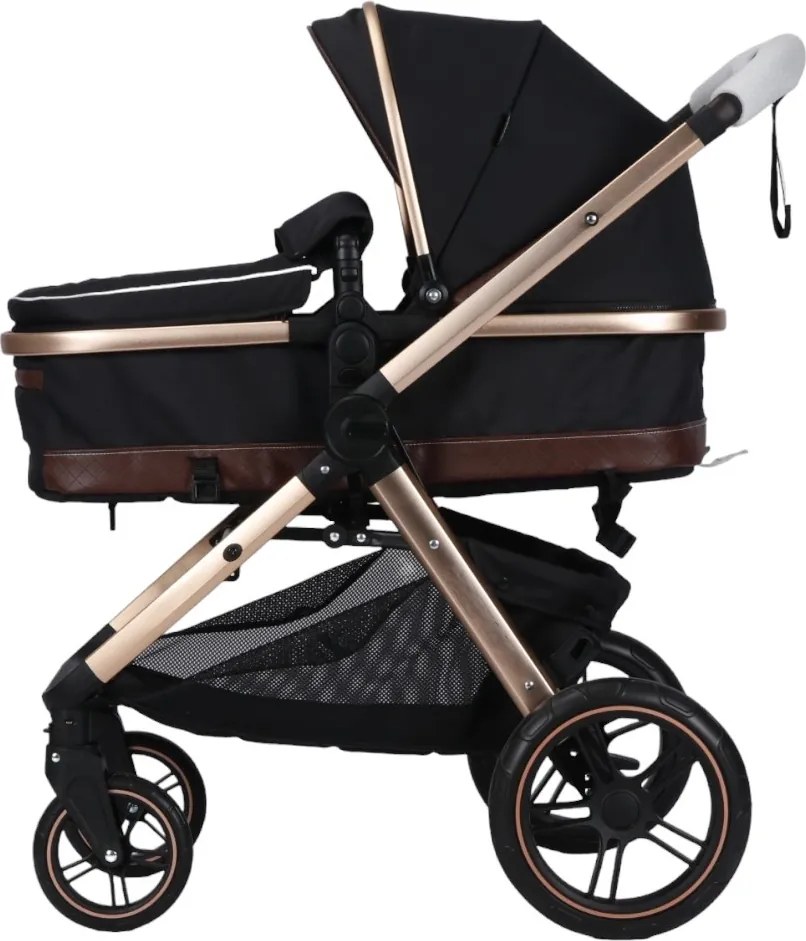 Carucior nou nascuti 3 in 1 NOVOKIDS™ X2000 series, Cu geanta bebe, Cadru Aluminiu Gold, Amortizoare, Roti din cauciuc plin AVE, Landou, Scoica auto,