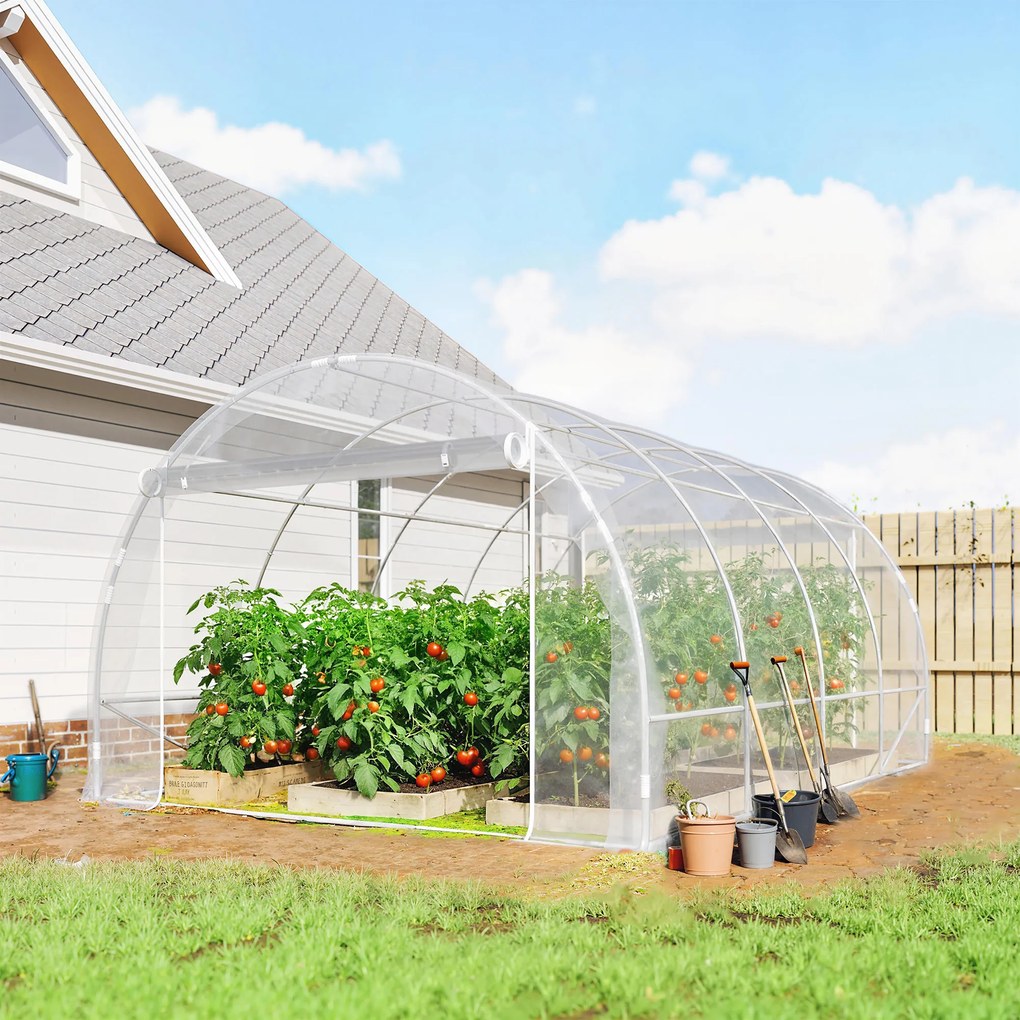 Outsunny Seră de Grădină Tip Tunel 3x4x2 m cu 2 Uși Rulabile, Seră pentru Grădină cu 4 Suporturi Diagonale, Cadru din Oțel și Acoperiș din PE, pentru Legume, Flori, Fructe, Anti-UV, Transparentă | Aosom Romania