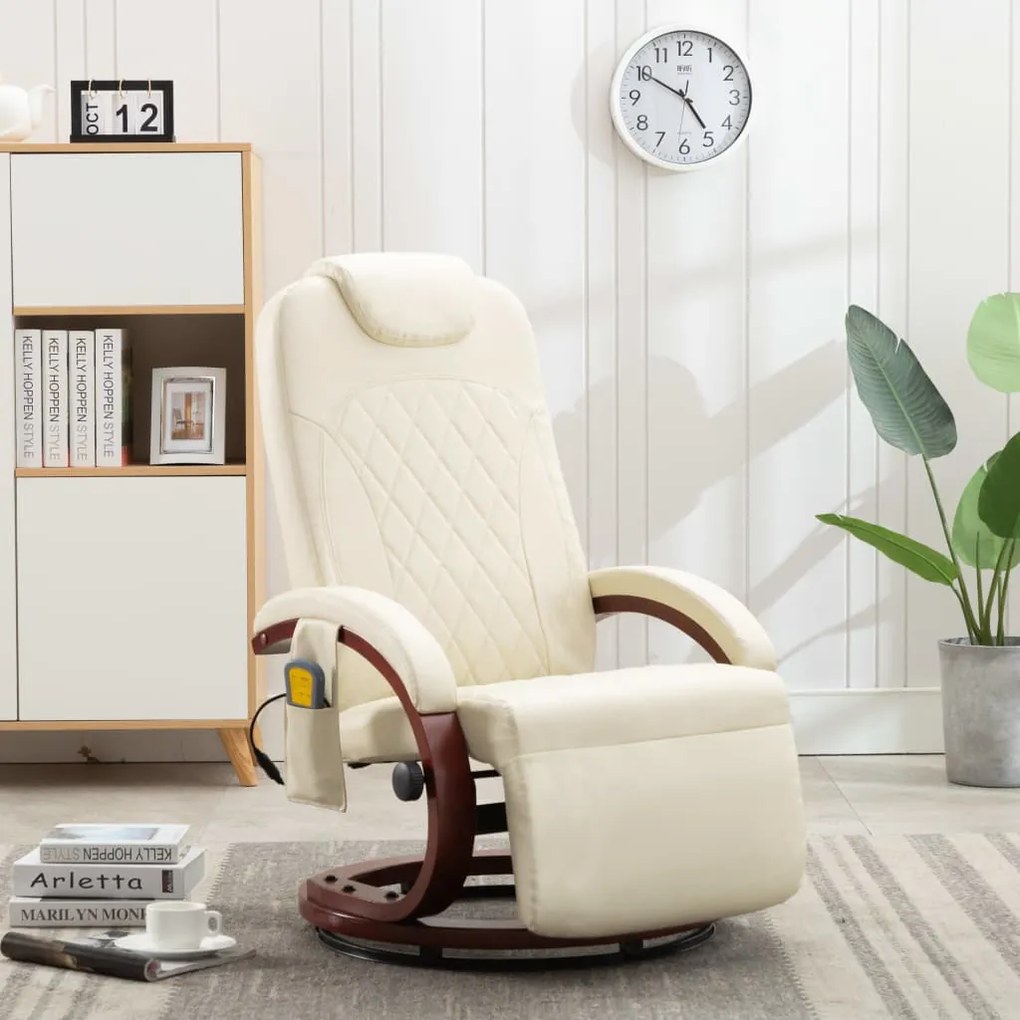 248722 vidaXL Fotoliu de masaj rabatabil pentru TV alb crem piele ecologică
