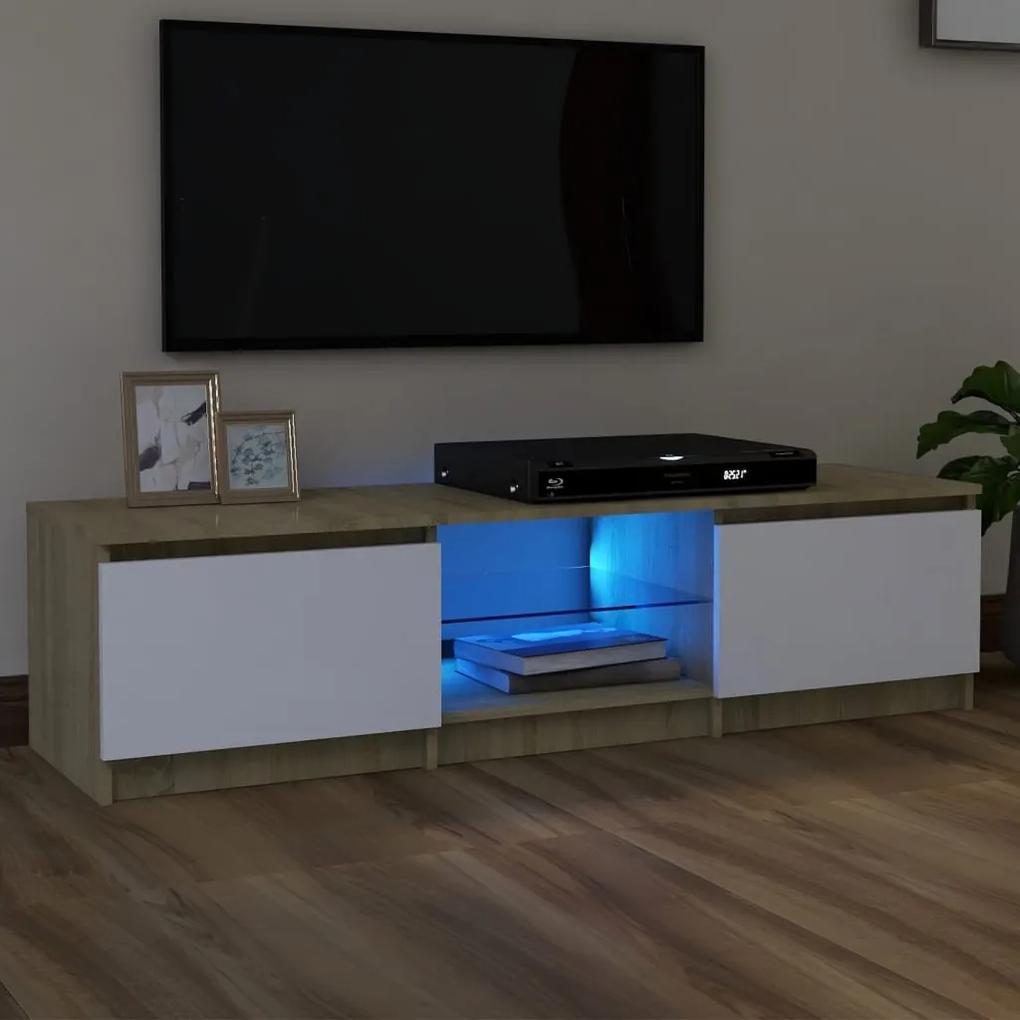 804297 vidaXL Comodă TV cu lumini LED, alb/stejar sonoma, 140x40x35,5 cm