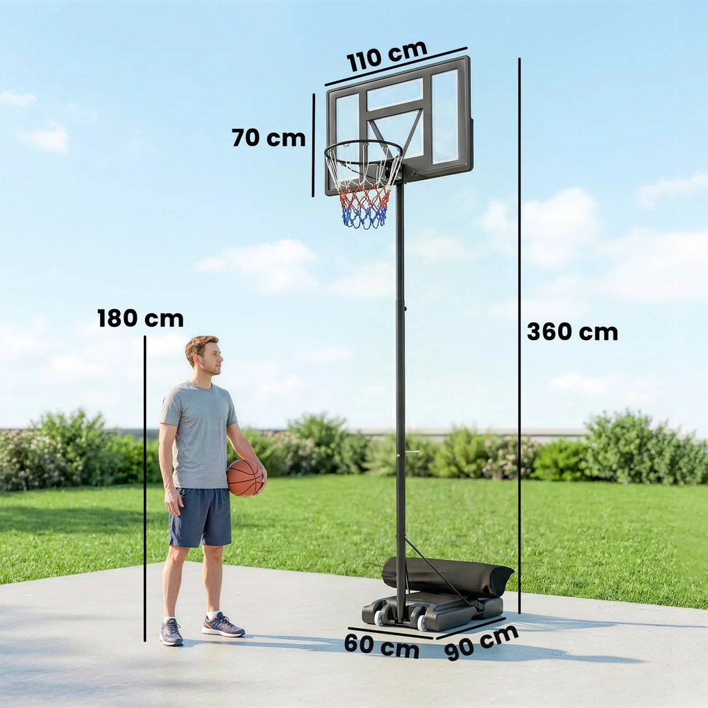 SPORTNOW Coș de Baschet Exterior Reglabil pe Înălțime 135-305 cm, Coș de Baschet cu Roți, Bază Umplibilă, Sac de Greutate, Panou Rezistent, Portabil pentru Interior și Exterior, Negru | Aosom Romania