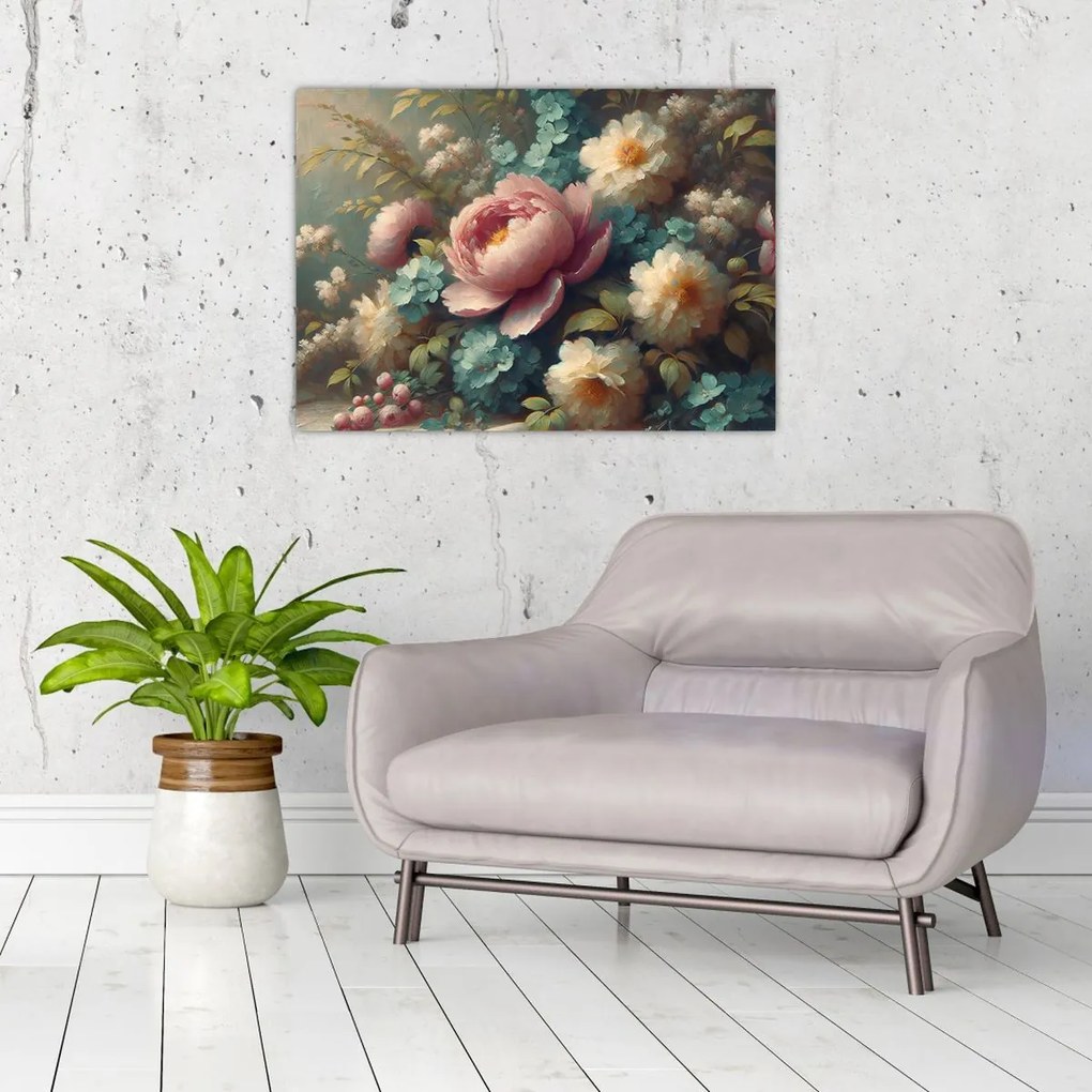 Tablou pe sticlă - Natură moartă cu flori - pictură (70x50 cm)