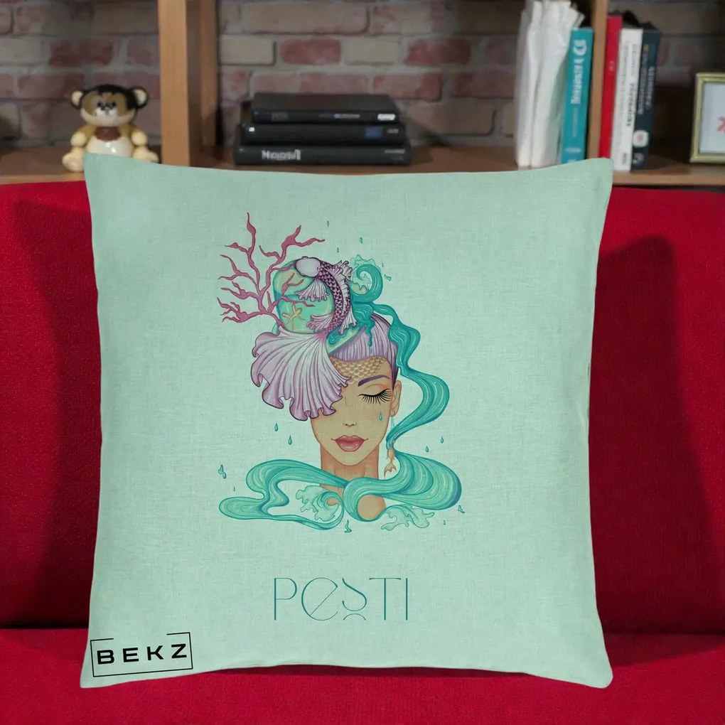 Perna Personalizata Zodiac Pesti Cowgirl, 40x40 cm, Verde Menta, Husa Detasabila, Perna Inclusa, BEKZ®