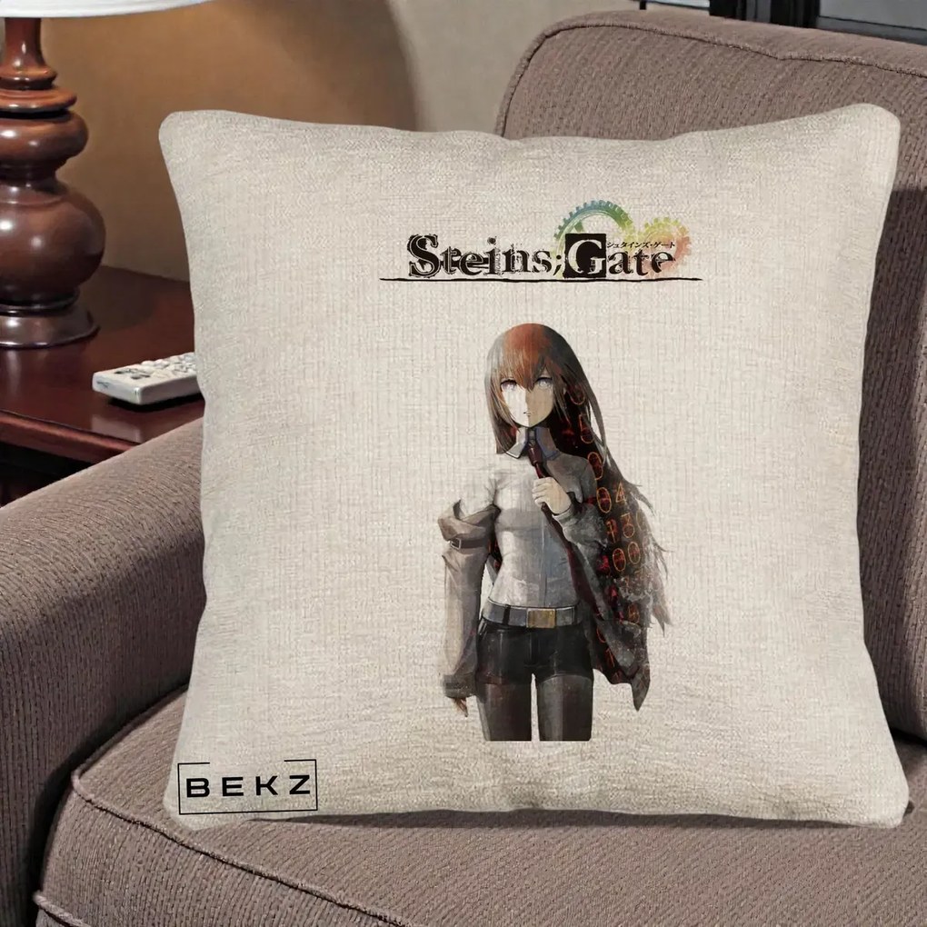 Perna Personalizata Steins Gate Kurisu Makise Anime, 40x40 cm, Bej Canapea, Husa Detasabila, Perna Inclusa, BEKZ®