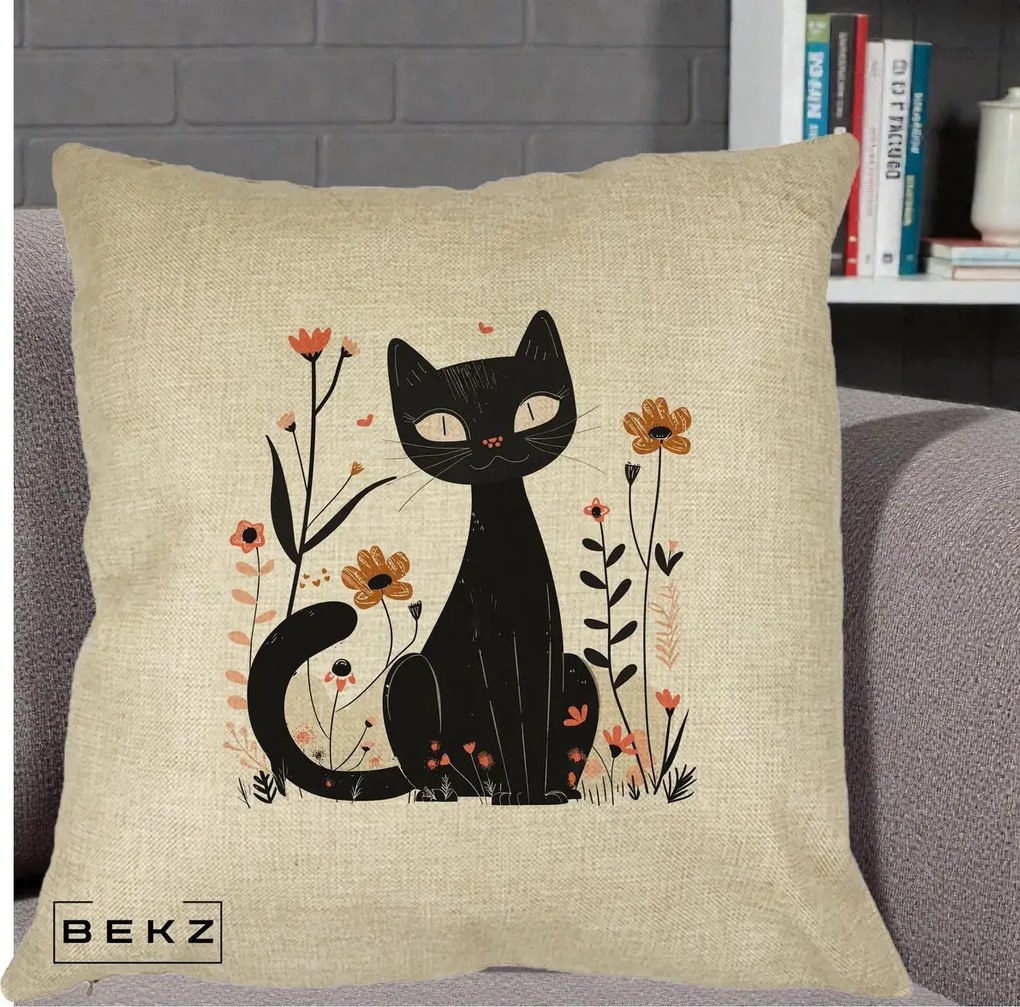Perna Decorativa Pisica Neagra Flori Pastel Folk, 40x40 cm, Crem, Husa Detasabila, Perna Inclusa, BEKZ®