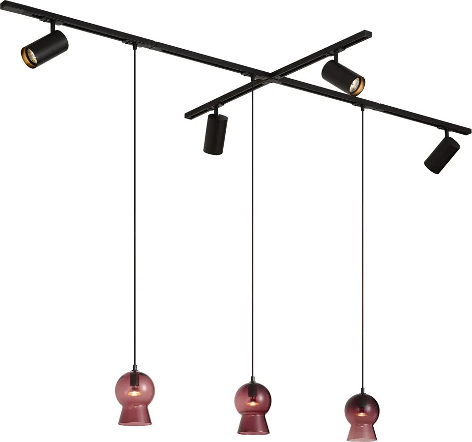 Sistem de șină modern negru cu 4 spoturi și 3 pendule violet monofazate - Iconic Bell Jeana Luxe