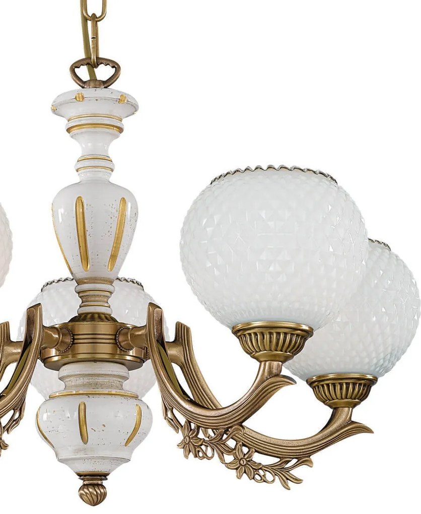 Candelabru cu 5 brate clasic design italian din alama, sticla si lemn 8655 RA-L. 8655/5