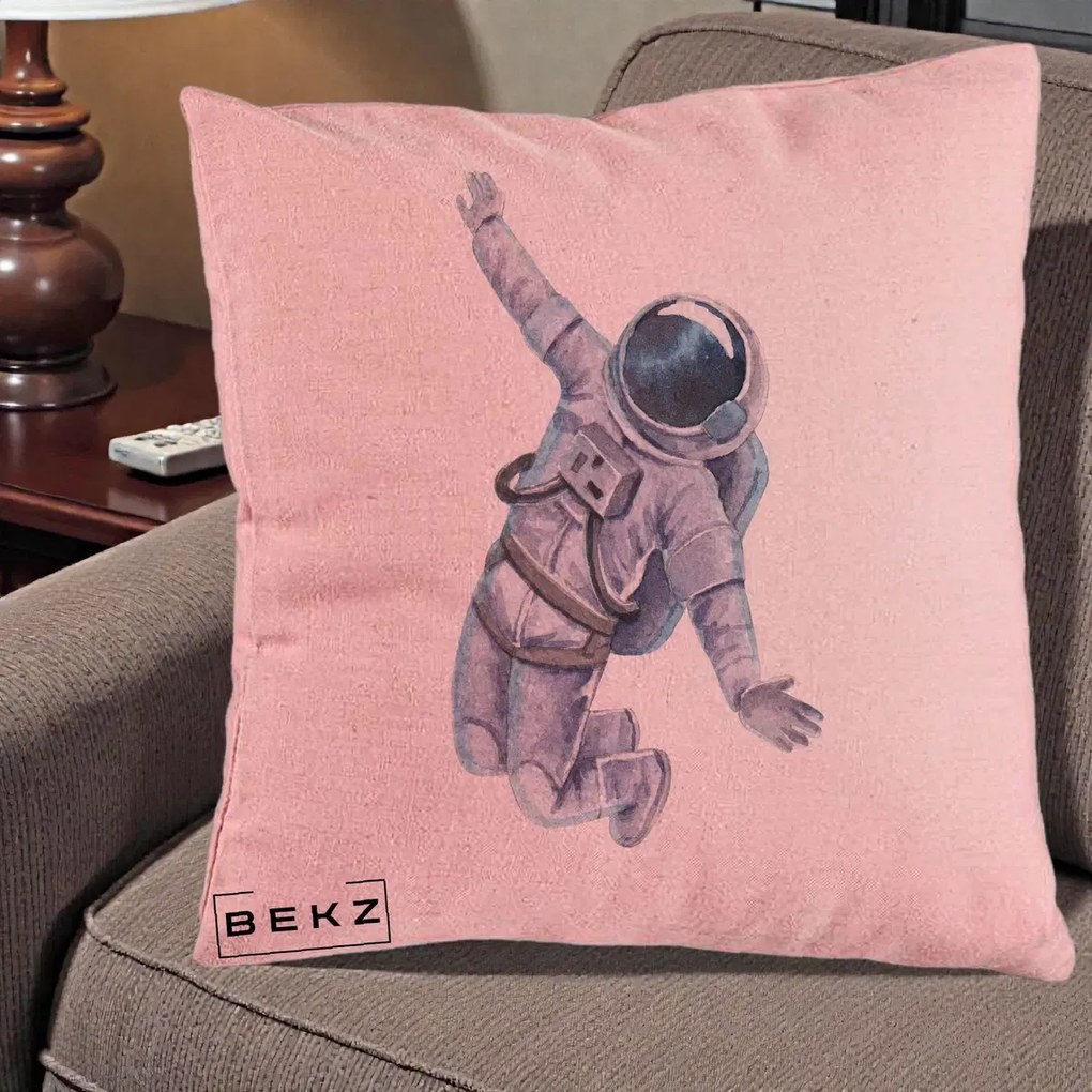 Perna Decorativa Astronaut Acuarela Zbor, 40x40 cm, Roz, Husa Detasabila, Perna Inclusa, BEKZ®