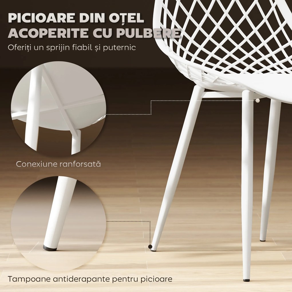 HOMCOM Set 4 Scaune Moderne cu Spătar Perforat din Plastic și Metal Alb | Aosom Romania