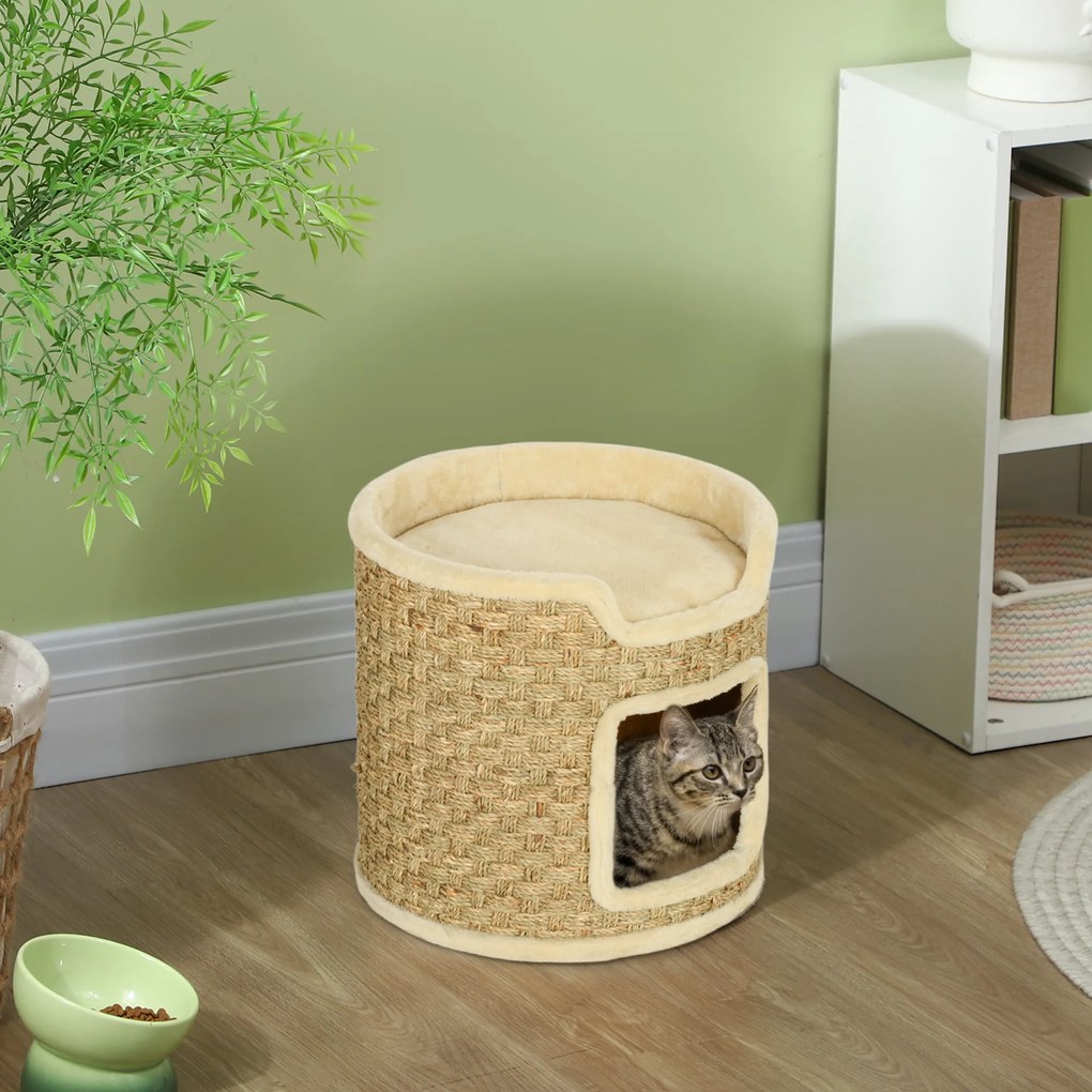PawHut Ansamblu de Zgâriat pentru Pisici, 37 cm, 2 Niveluri, cu Ascunzătoare și Sfoară din Sisal, până la 5 kg, Kaki | Aosom Romania