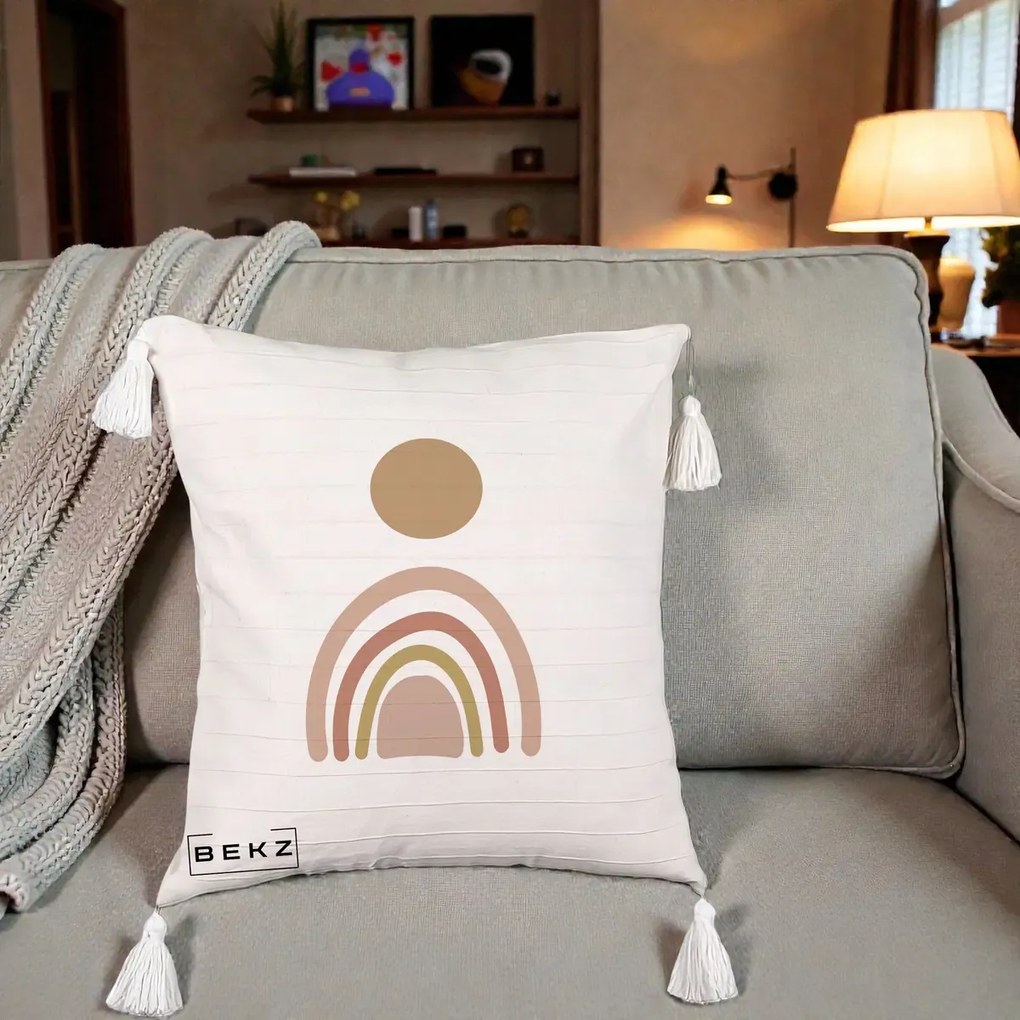 Perna Decorativa Boho Rainbow Sun, 40x40 cm, Bej cu Franjuri, Husa Detasabila, Perna Inclusa, BEKZ®