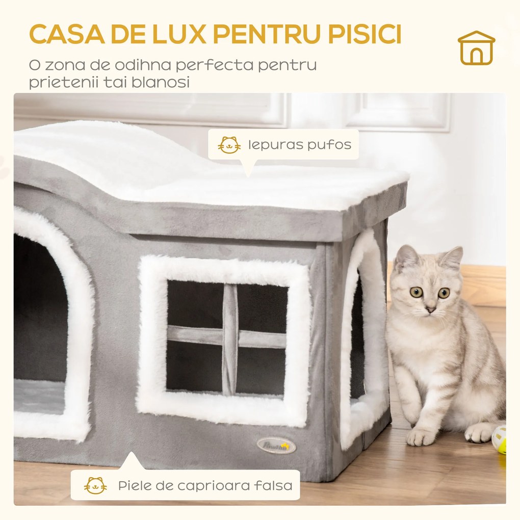 Casuta pentru Pisici de Interior PawHut, 63.5x37x40cm, Gri | Aosom RO