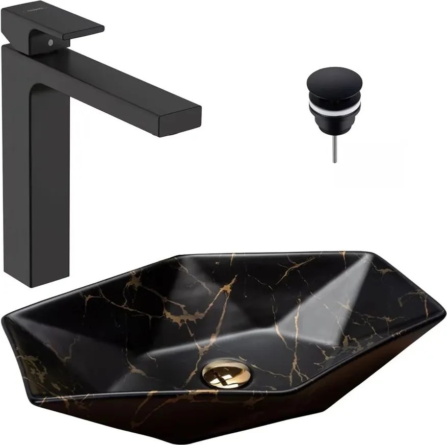 Pachet lavoar pe blat Rea Vegas negru 56.5 cm, baterie lavoar Hansgrohe Vernis Shape 190 negru si ventil lavoar Click-Clack D negru