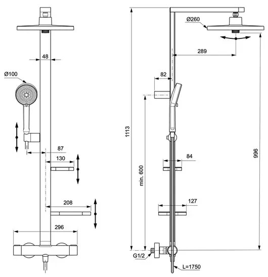 Coloana de dus cu baterie termostatata rose mat Ideal Standard Alu+