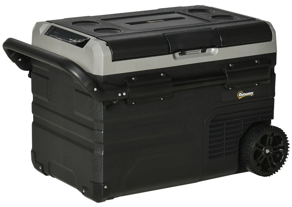 Outsunny Frigider Auto 40L cu Iluminare LED Compresor Frigider Portabil cu Mânere Role de Transport Barcă Călătorii 12/24V DC și 110-240V AC Gri+Negru | Aosom Romania