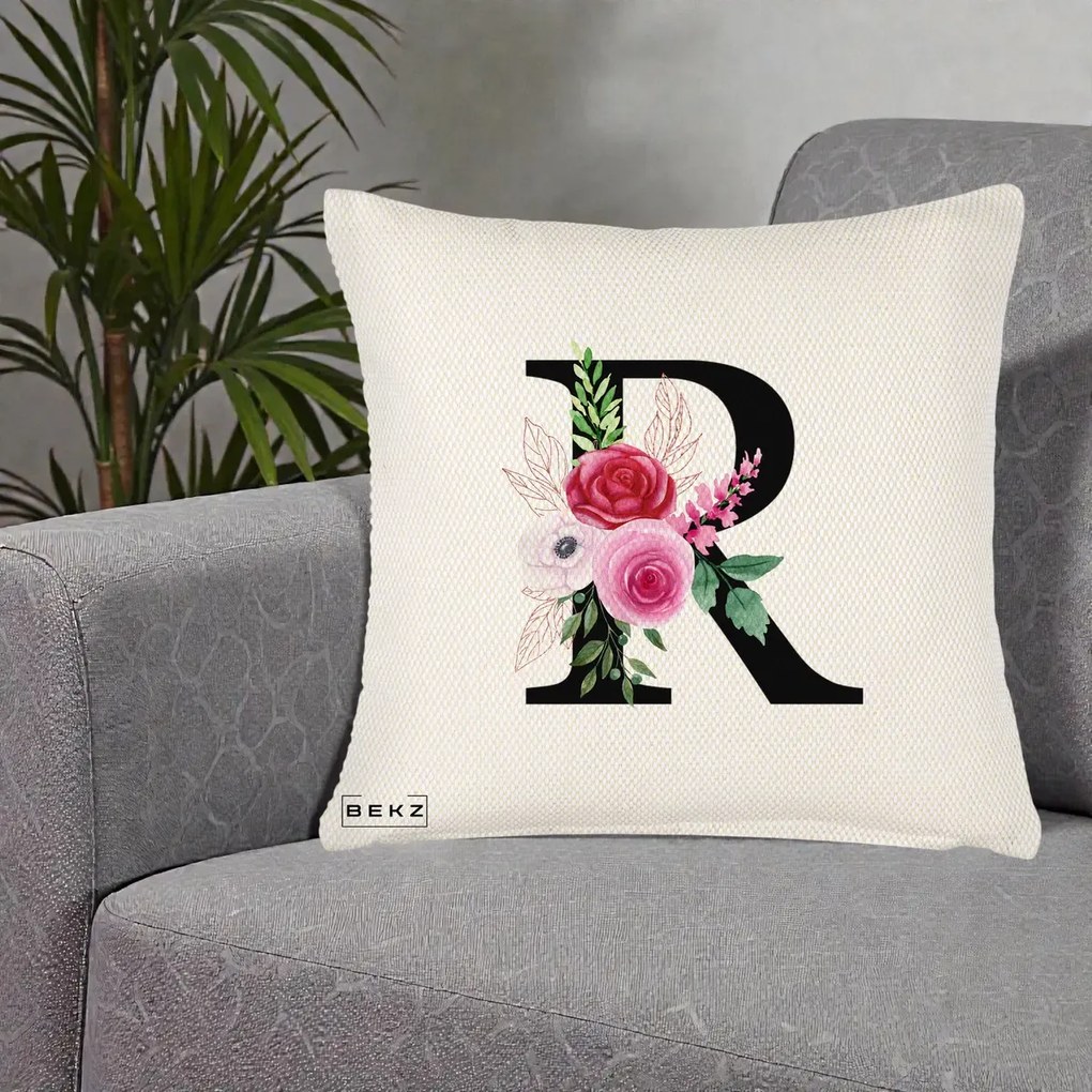 Cadou Personalizat - Perna Personalizata Monograma Florala Litera R, 40x40 cm, Crem Reliefat, Husa Detasabila, Perna Inclusa, BEKZ®