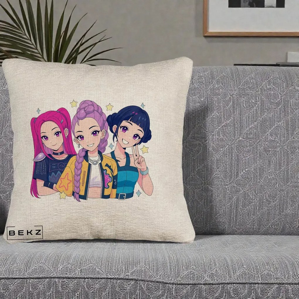 Perna Personalizata K-pop HUNTRX Trio Anime Stele, 40x40 cm, Bej Canapea, Husa Detasabila, Perna Inclusa, BEKZ®