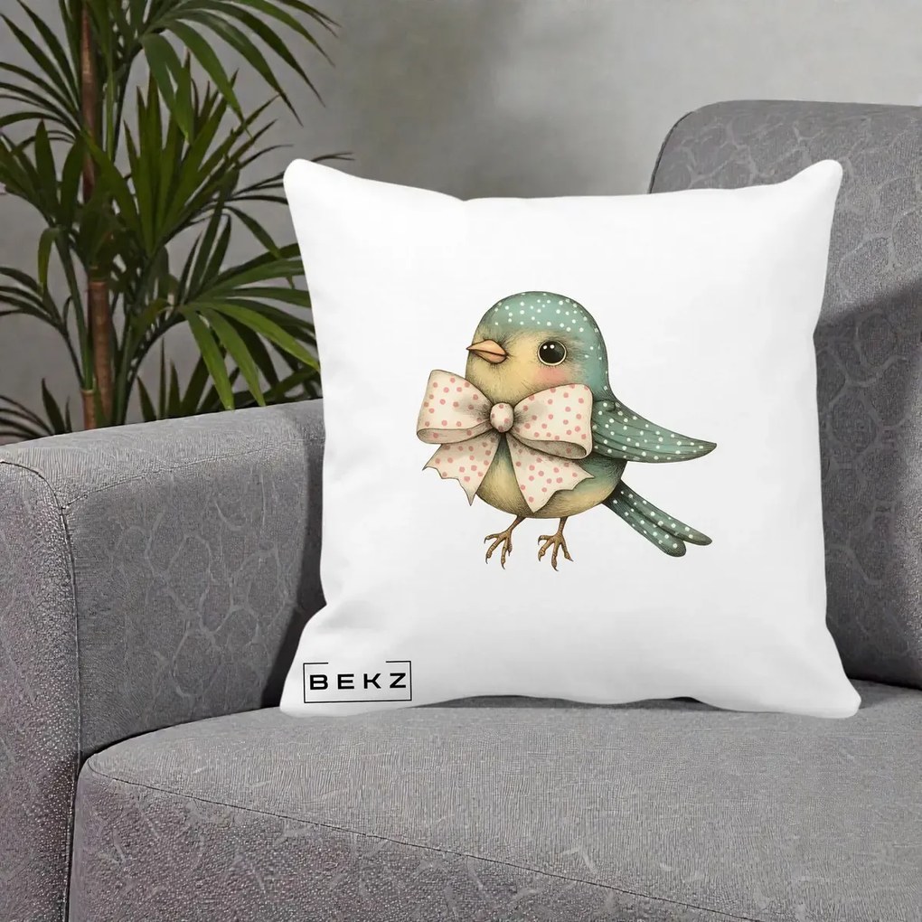 Perna Decorativa Pasare Teal cu Fundita cu Buline, 40x40 cm, Alba Mata, Husa Detasabila, Perna Inclusa, BEKZ®