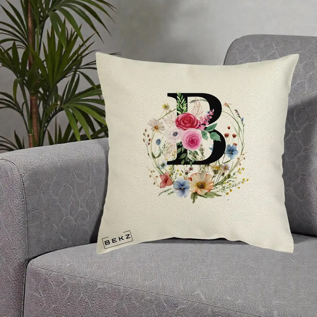 Cadou Personalizat - Perna Personalizata Monogram Litera B cu Flori Acuarela, 40x40 cm, Ecru, Husa Detasabila, Perna Inclusa, BEKZ®