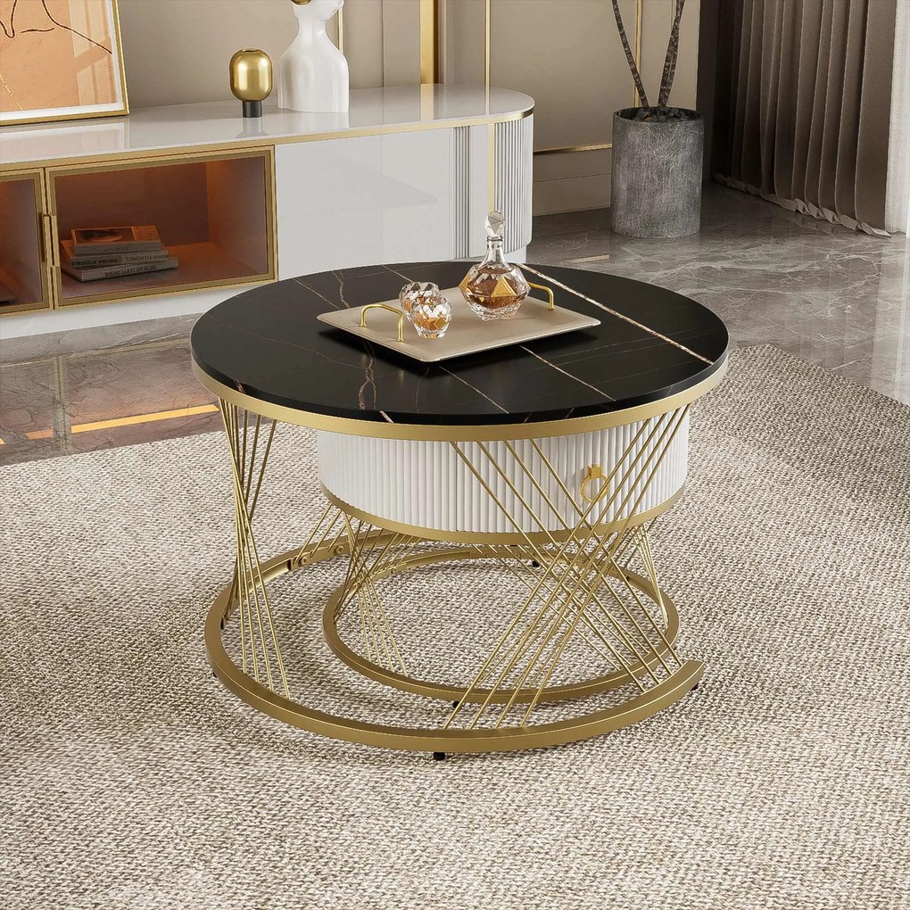 Set de 2 Măsuțe de Cafea Moderne Modulare din Marmură Sintetică cu Detalii Aurii și Sertare, Dimensiuni 70x70x45 cm și 50x50x40 cm, Negru