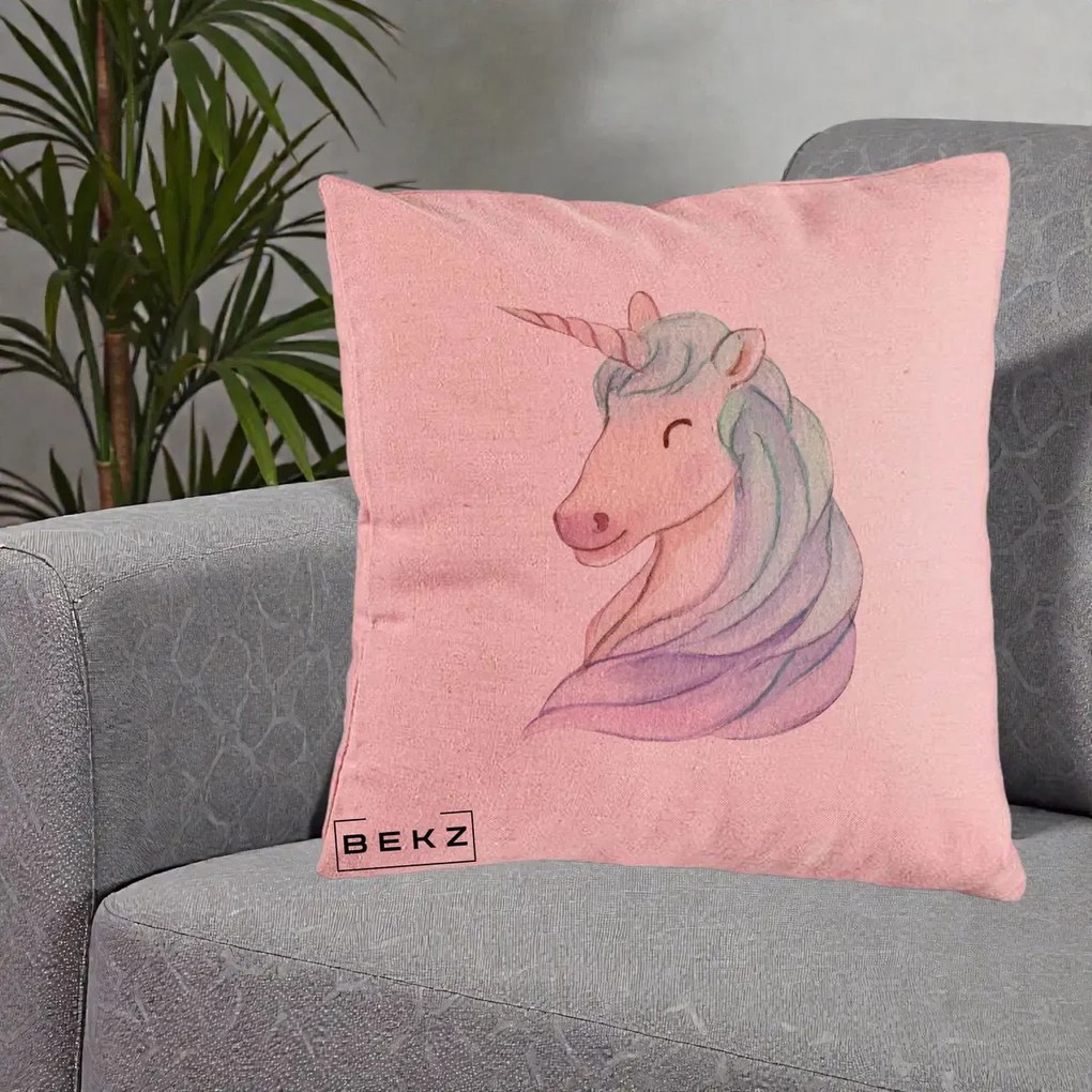 Perna Decorativa Unicorn Acuarela Pastel, 40x40 cm, Roz, Husa Detasabila, Perna Inclusa, BEKZ®