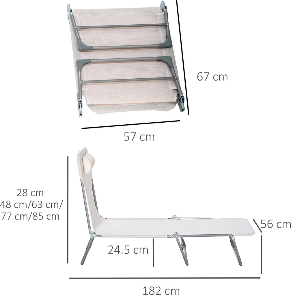 Outsunny Șezlong Pliabil cu Spătar Reglabil pe 5 Nivele și Pernă, Șezlong de Grădină cu Material Texteline, pentru Plajă, Piscină, Grădină, 182x56x28 cm, Crem | Aosom Romania