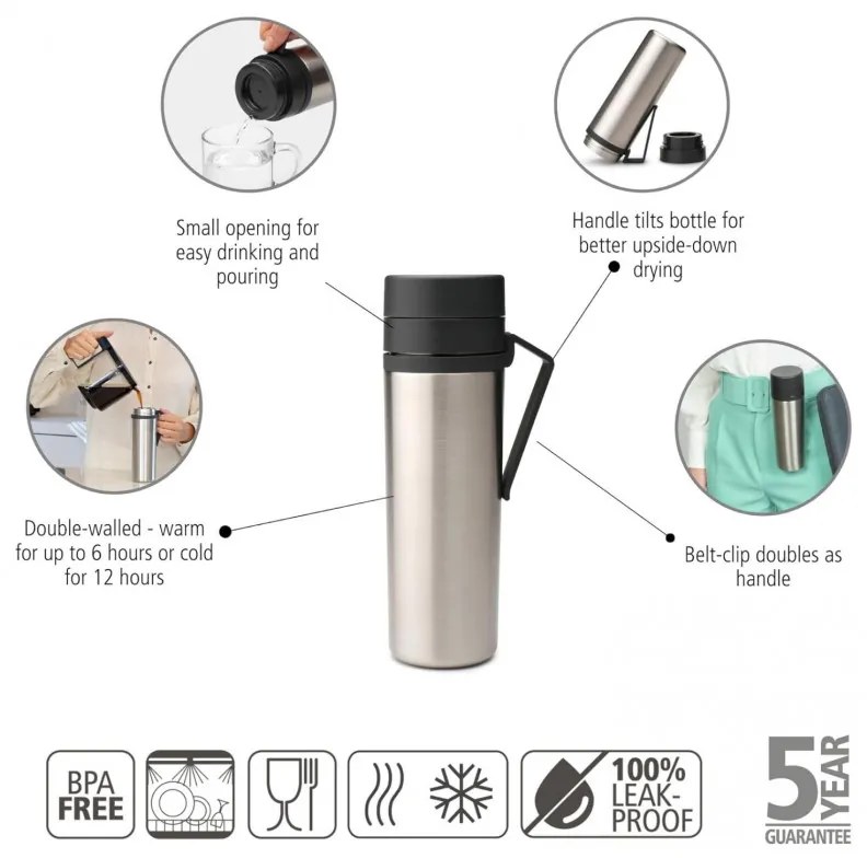 Sticla thermos Brabantia Make&Take 1008487, 500 ml, Pereti dubli, Fara BPA, Argintiu/gri închis