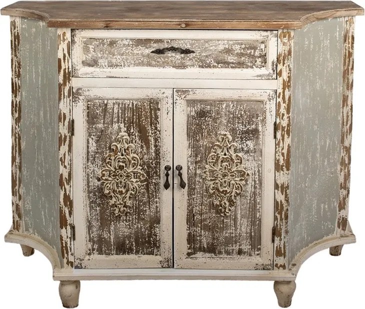 Bufet vintage shabby chic din lemn, alb și gri, cu 2 uși cu ornamente în relief și 1 sertar, finisaj antichizat, 97 x 120 x 40 cm, „Maisonette”