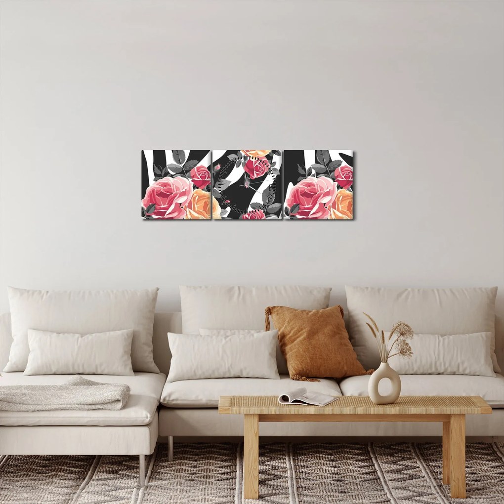 Tablou cu trandafiri înfloriți (cu ceas) (90x30 cm)