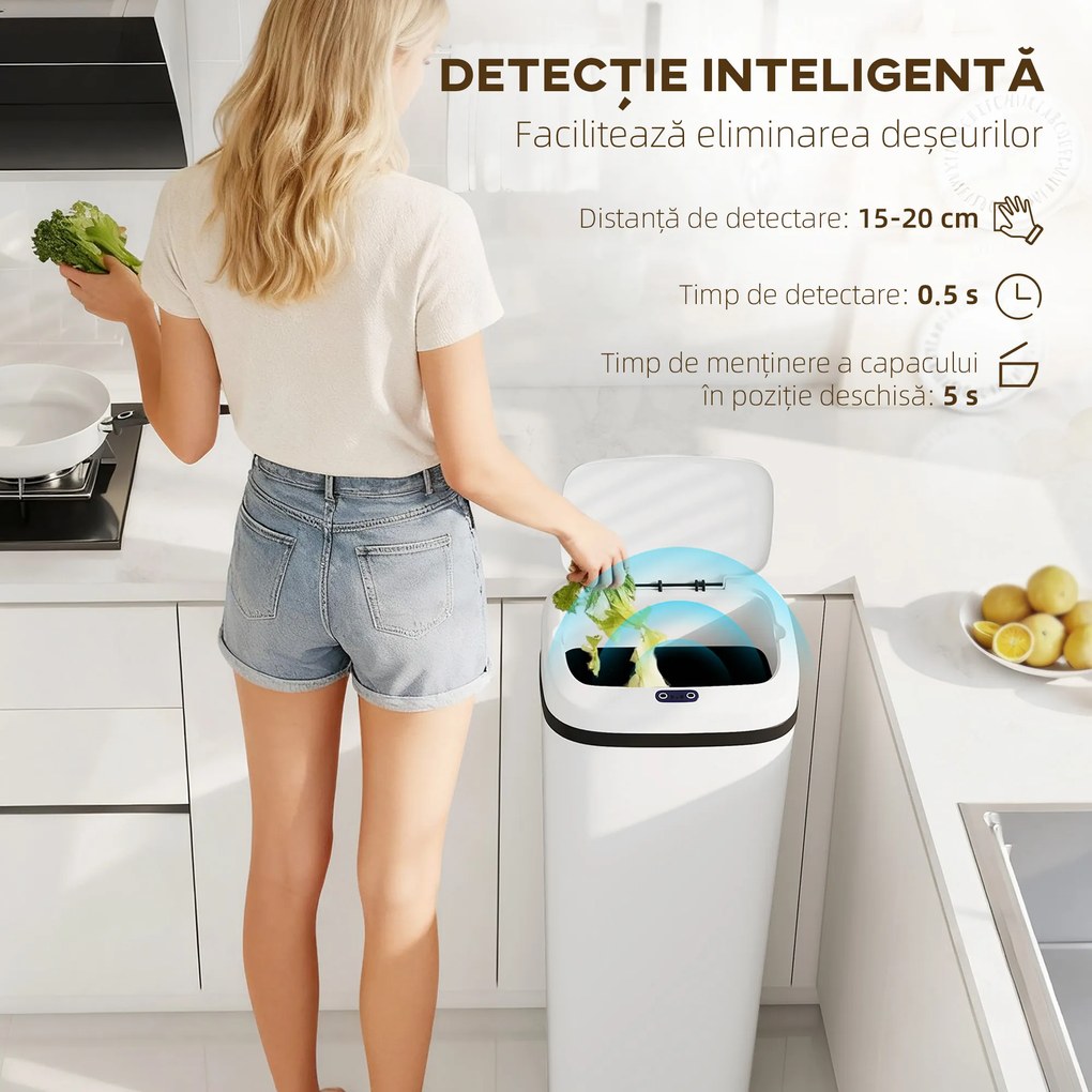 HOMCOM Coș de gunoi cu senzor infraroșu, 50L, 2 moduri de deschidere, suprafață antiamprentă, alb | Aosom Romania