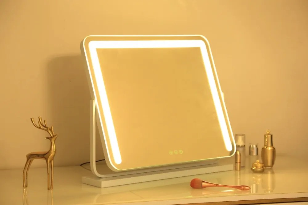 Oglindă cosmetică, sistem iluminare bandă LED, 3 culori, senzor tactil, rotire 360°, 50x40 cm, Alb