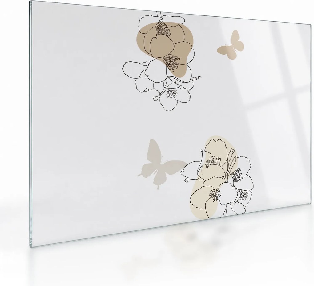 Tablou pe sticlă - Flori bej cu fluture N⁰2 (70x50 cm)