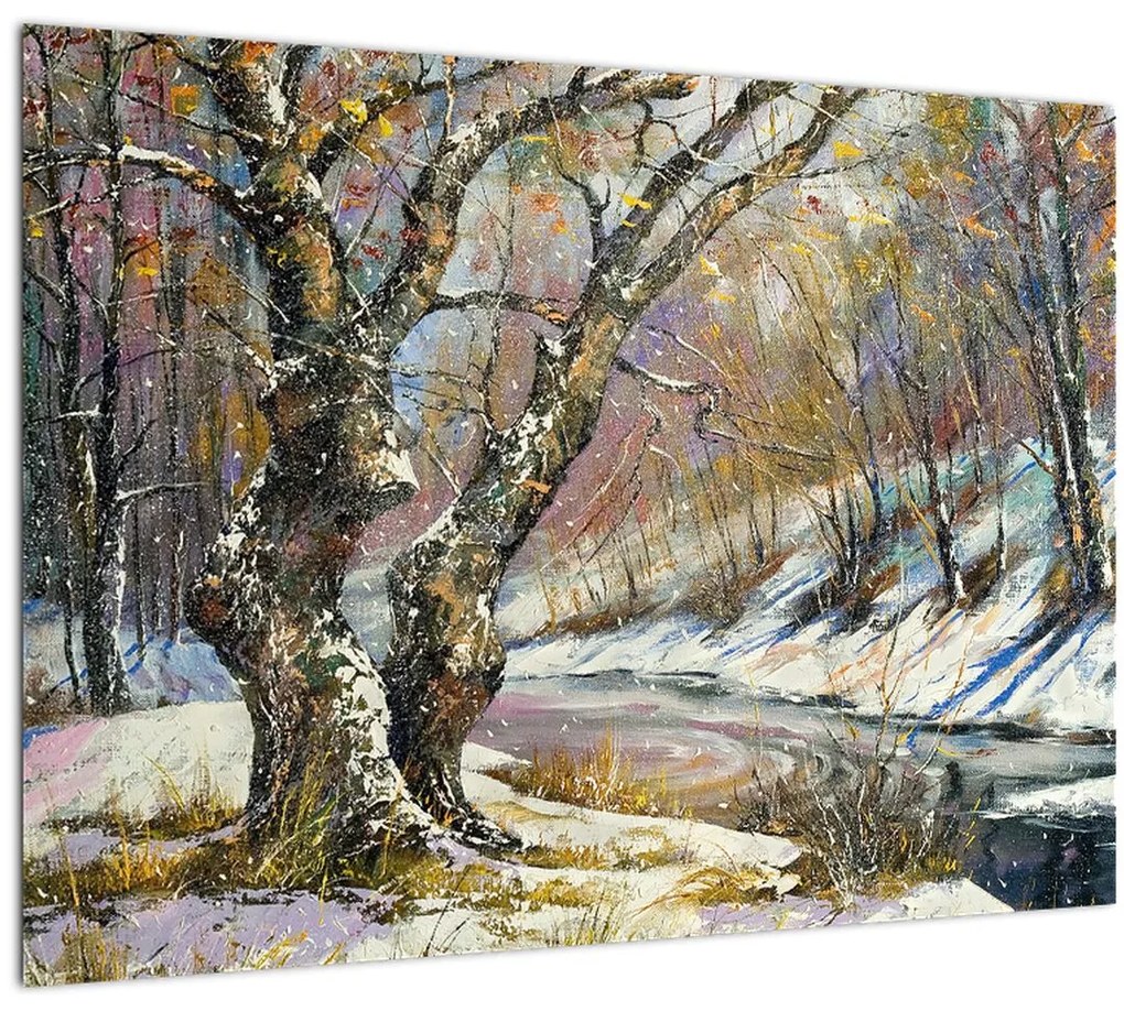 Tablou pe sticlă cu peisaj de iarnă pictat (70x50 cm)