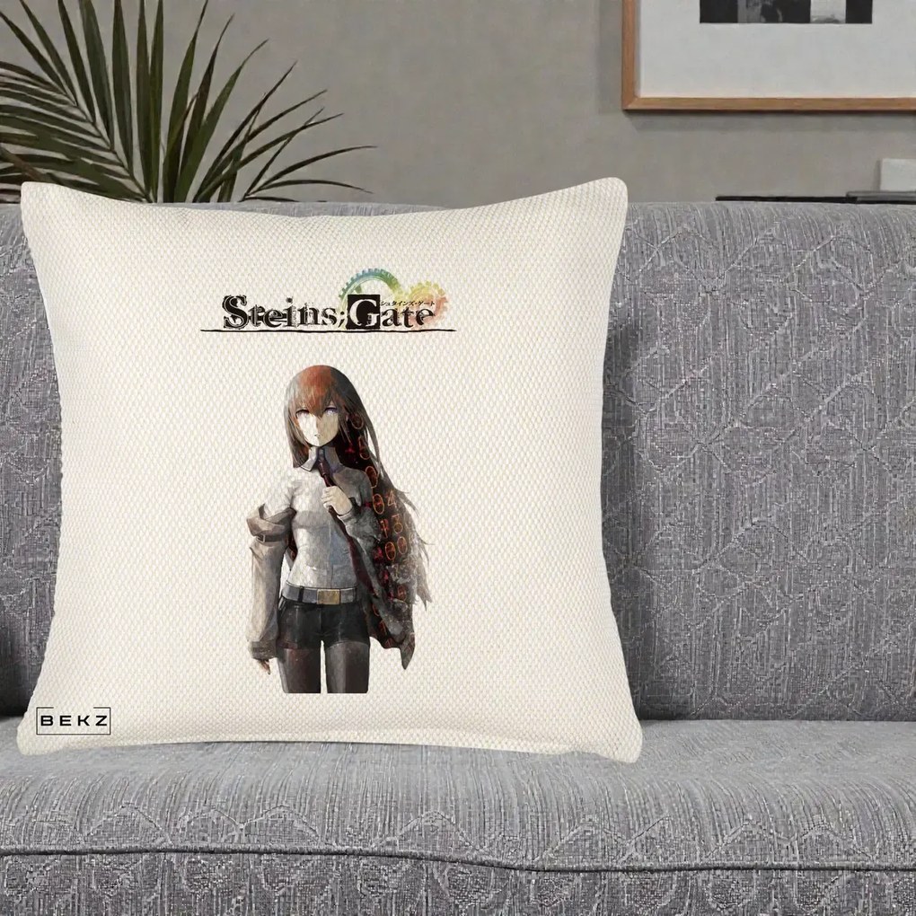 Perna Personalizata Steins Gate Kurisu Makise Anime, 40x40 cm, Crem Reliefat, Husa Detasabila, Perna Inclusa, BEKZ®