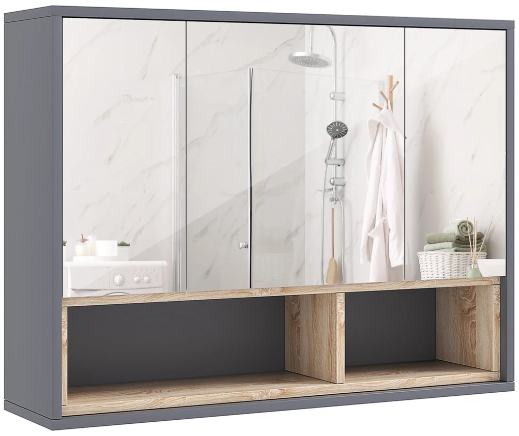 HOMCOM Oglindă de Baie cu 3 Uși și Dulap, Oglindă de Baie cu Compartiment de Depozitare, 80x20x60 cm, Gri | Aosom Romania