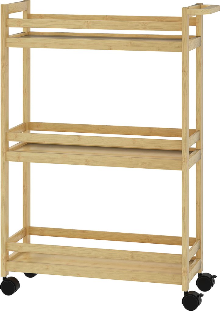 HOMCOM Raft de Baie din Bambus cu 3 Niveluri, Carucior Organizator cu Roți pentru Bucătărie, Baie, Living, 55 x 20 x 75 cm - Natural | Aosom Romania