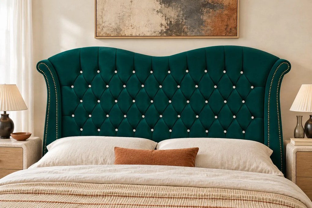 Pat tapițat Chesterfield Avella 160×200 cm, verde, cu ladă de depozitare