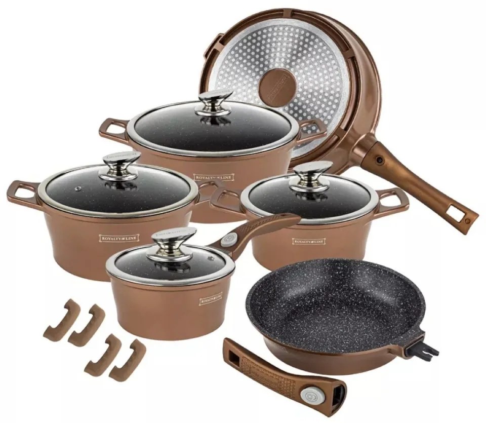 Set oale si tigai cu capace 17 piese Royaly Line ES 2014M, maro, antiaderente, marmorate, inductie, manere detasabile