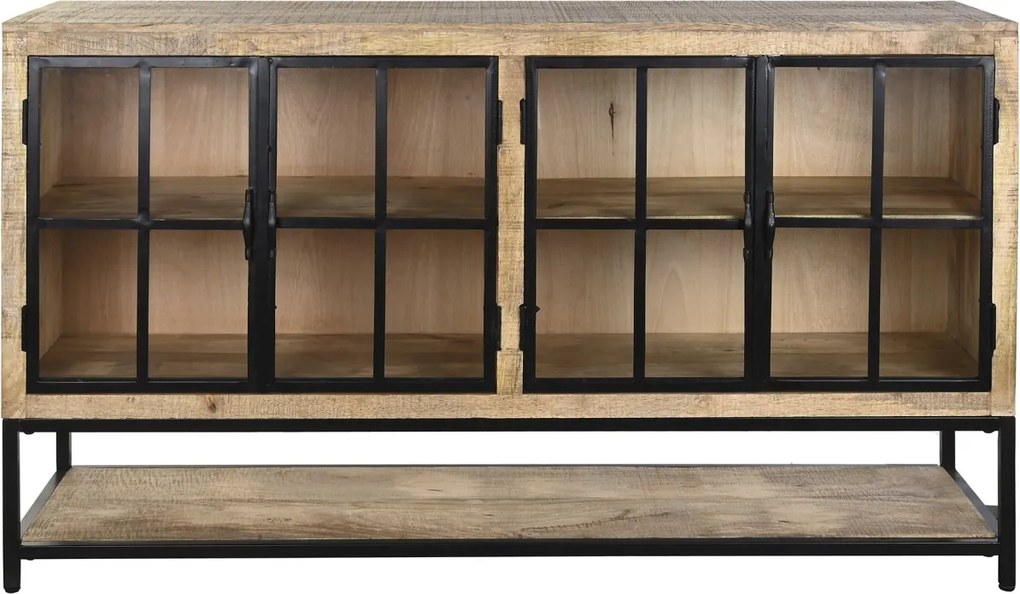 Bufet-vitrină stil industrial din lemn de mango și metal, natur și negru, cu 4 uși vitrate și raft inferior deschis, 100 x 170 x 45 cm, „Arcole”