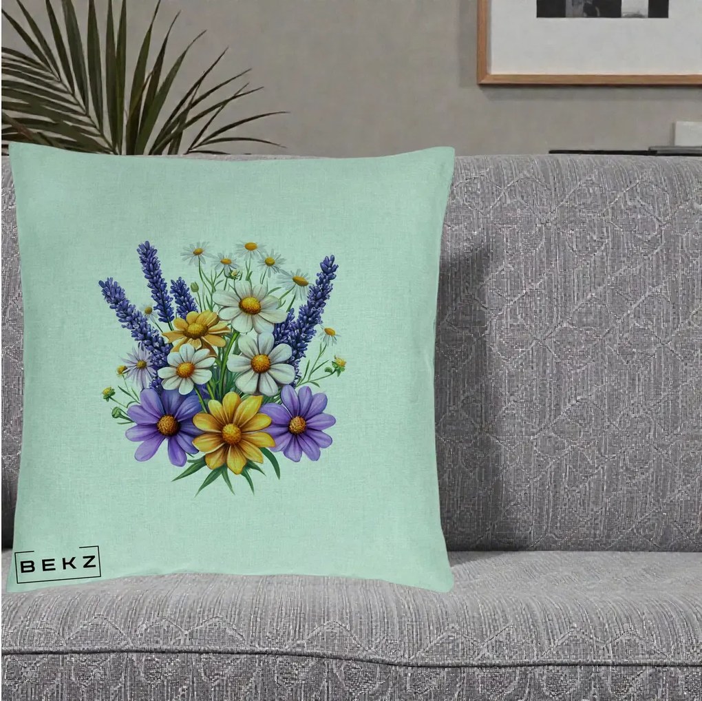 Perna Decorativa Lavanda Musetel si Flori Mov, 40x40 cm, Verde Menta, Husa Detasabila, Perna Inclusa, BEKZ®