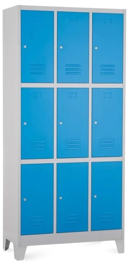 Dulap metalic - 9 cutii, 90 x 45 x 195 cm, picioare fixe, încuietoare cilindrică, albastru - ral 5012